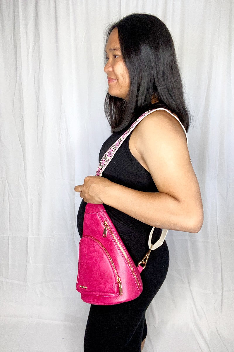 Fuchsia vegan leather crossbody sling bag