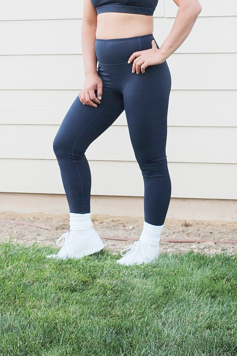 navy blue high waisted workout leggings with tummy control 