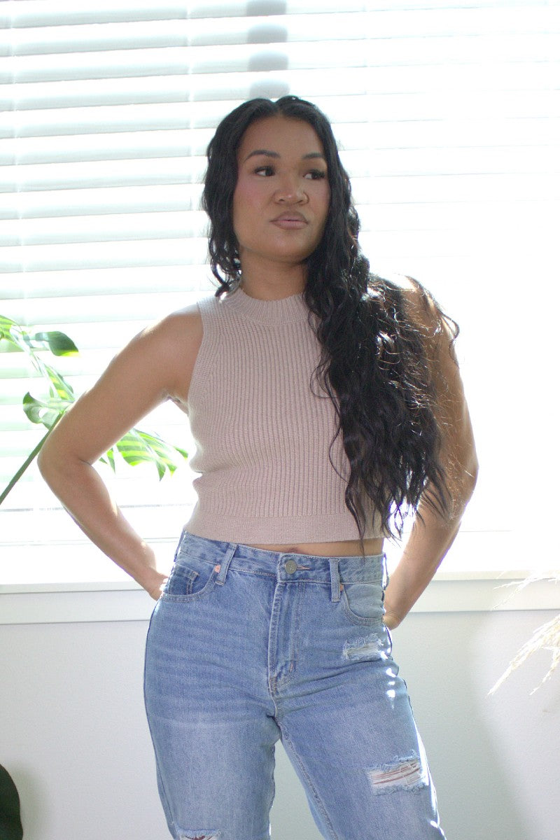 mock neck sleeveless cropped sweater top