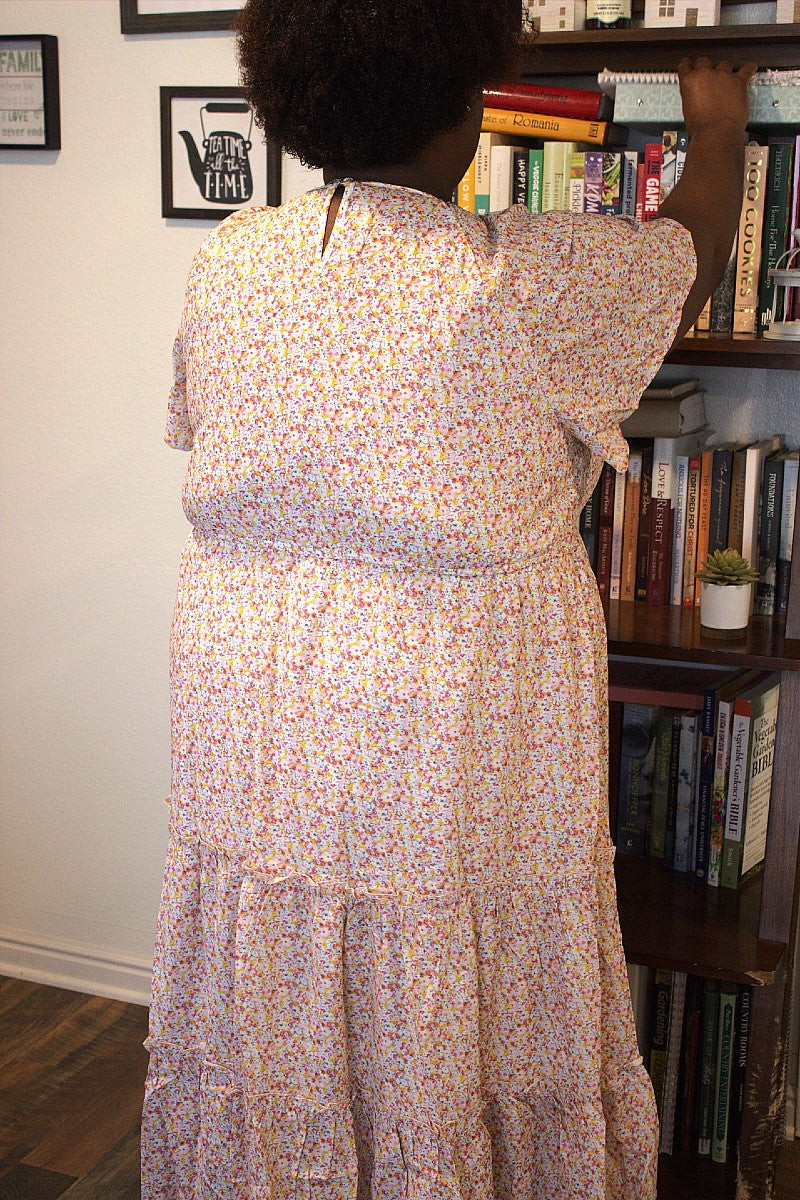 plus size v-neck floral printed smocked midi summer dress
