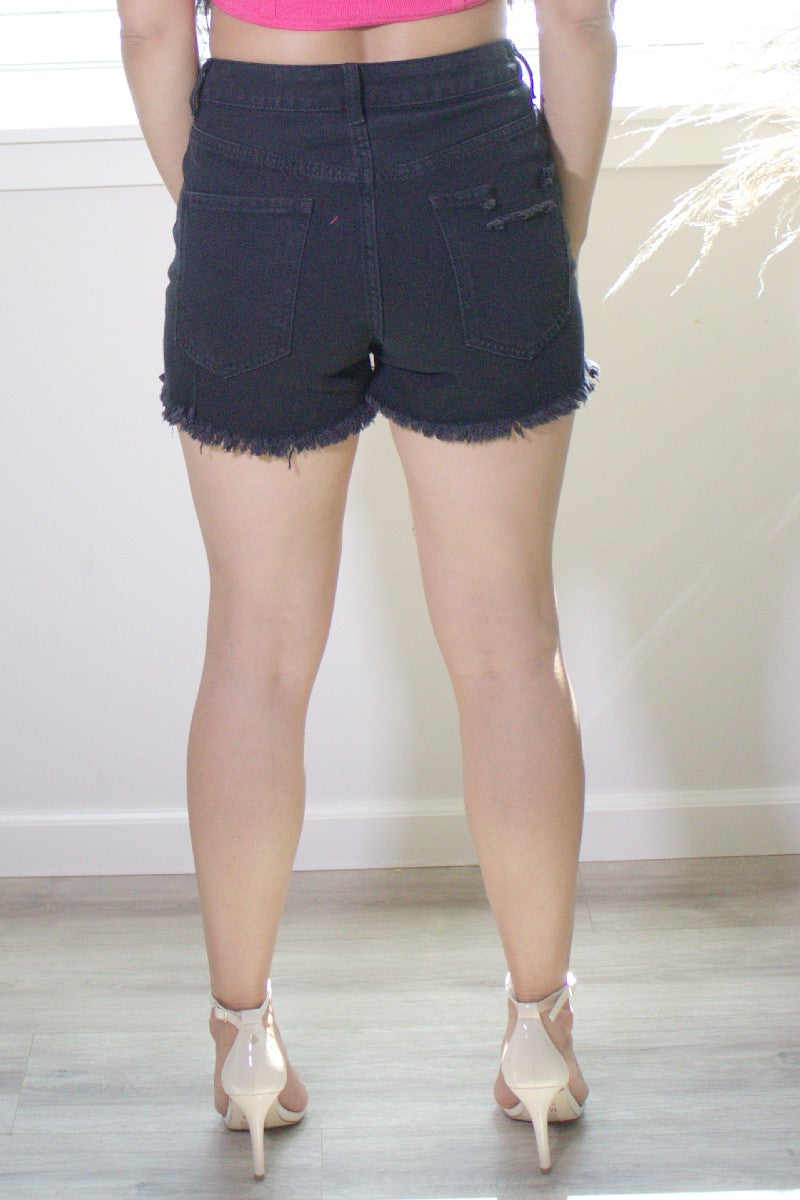 women's black distressed denim shorts