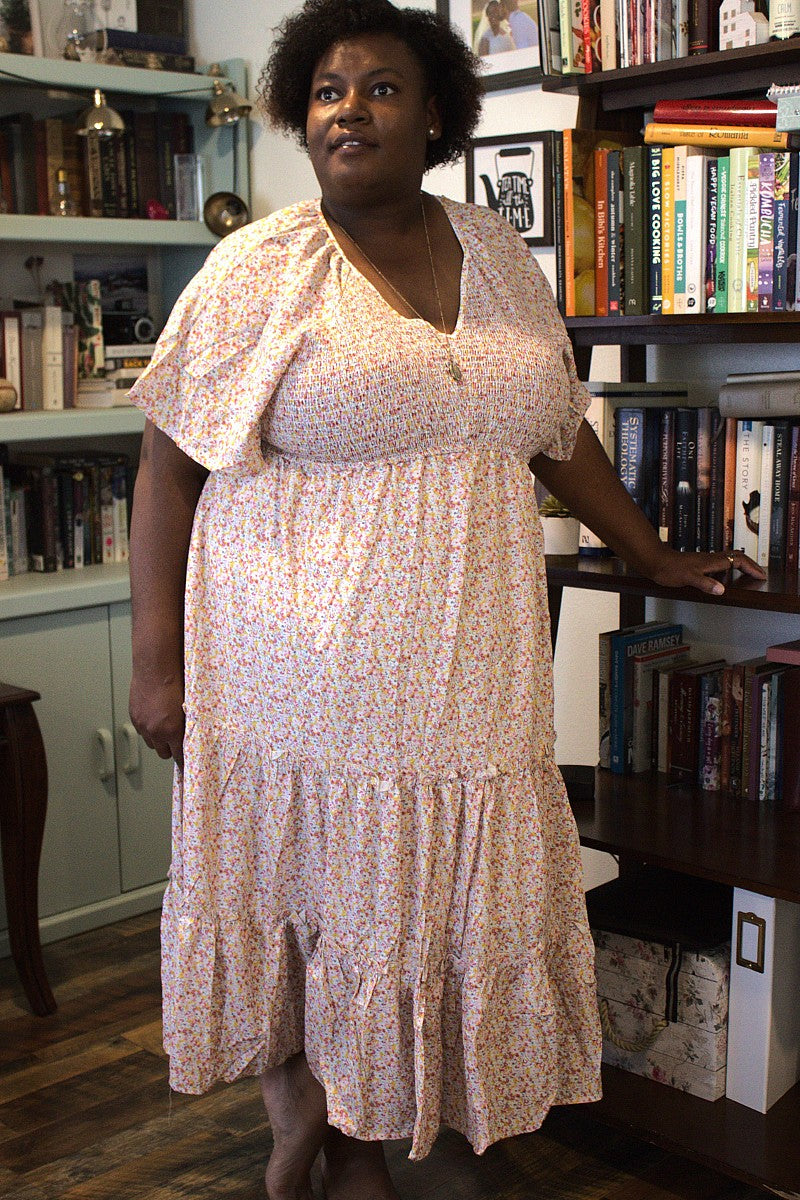 women's plus size floral smocked tiered midi dress, full length summer dress