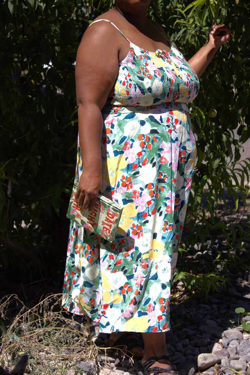 women's plus size floral tie smocked tank summer dresses