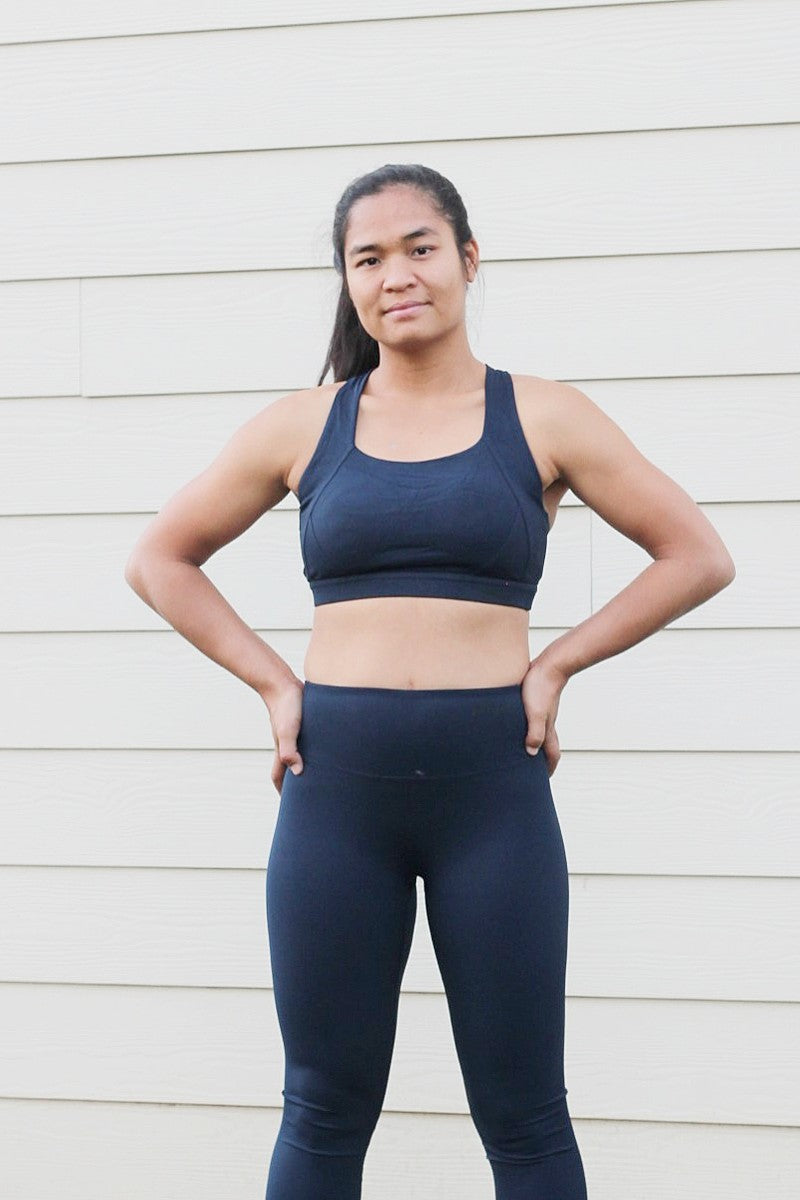 navy blue women's workout bra